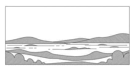 Fototapeta premium Minimalist Landscape Line Art: Simple Black and White Outline Drawing of Mountains and Lake, Ideal for Backgrounds, Coloring Pages and Graphic Design.