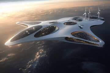 Obraz premium Futuristic skyscraper integrates wind energy in innovative design soaring above clouds during sunset