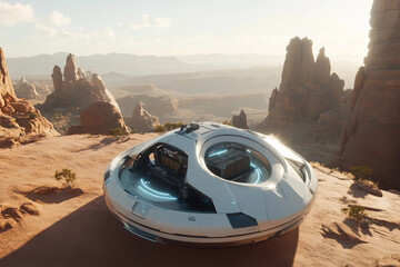 Futuristic hovercraft transports cargo across a rocky landscape at sunset in a remote desert