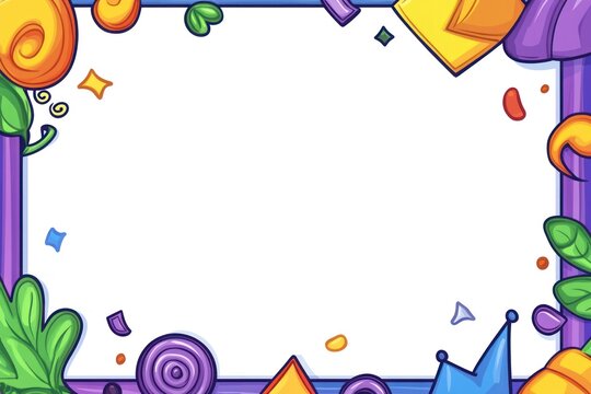 Decorative frame with colorful cartoon elements, party scene. Purple border with white empty center space