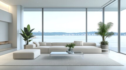 Modern living room with ocean view