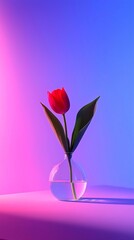 Elegant red tulip in clear glass vase with soft colorful lighting