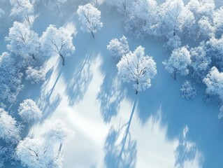 Aerial view of frost-covered trees casting long shadows on snow ground