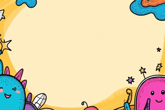 Doodle frame with happy cartoon characters over a yellow background with stars and abstract shapes