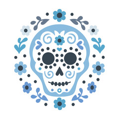 Blue Sugar Skull with Floral Wreath