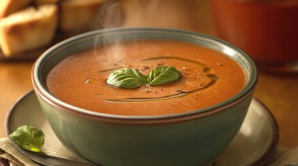A steaming bowl of creamy tomato basil soup, served with a side of crispy garlic bread.
