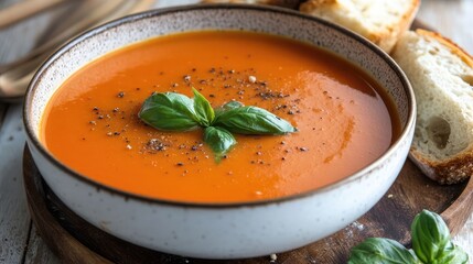 A steaming bowl of creamy tomato basil soup, served with a side of crispy garlic bread.