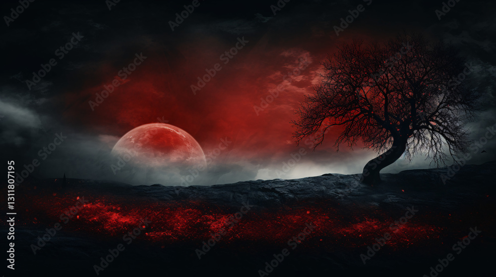 Poster A high-quality image with a grainy texture, featuring a black-to-red nature scene with mountains and trees.

