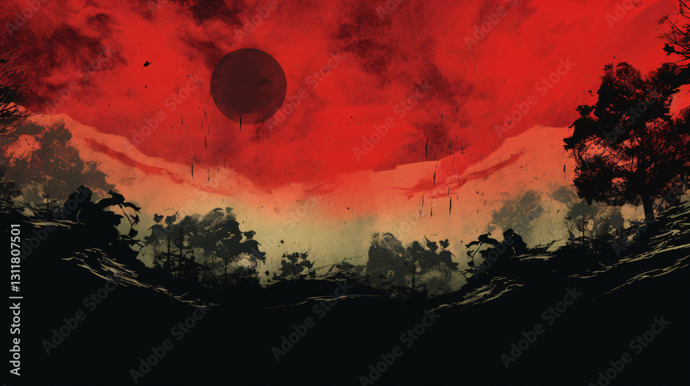 Aufkleber A high-quality image with a grainy texture, featuring a black-to-red nature scene with mountains and trees.

