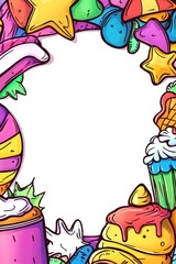 Festive sweets border frame, colorful candies arrangement on white background, vibrant dessert illustration