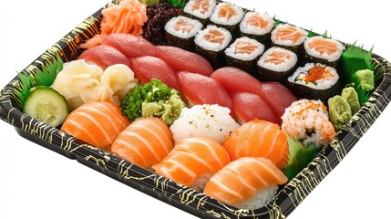 A tray of sushi nigiri featuring salmon, tuna, and shrimp, garnished with wasabi and pickled ginger.