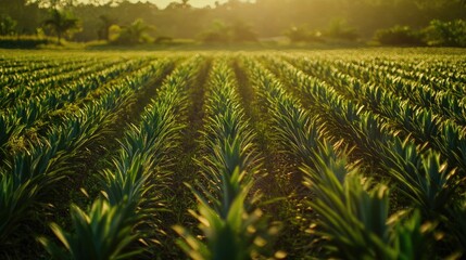 Lush pineapple plantation bathed in golden sunlight, rows of thriving plants