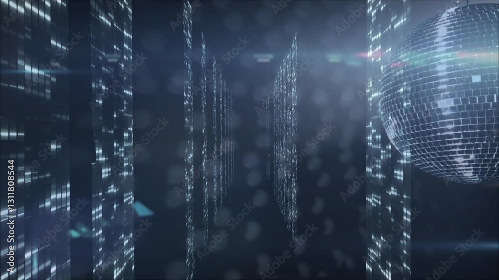 Poster animation of digital data streams in futuristic corridor with glowing lights