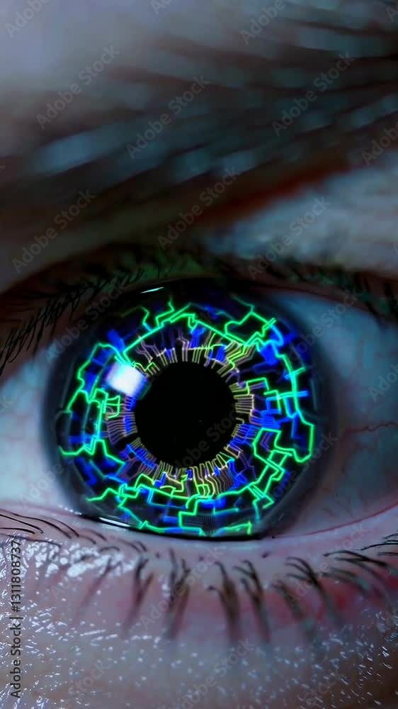 Poster dynamic transformation of futuristic neon digital eye patterns captured in closeup sequence
