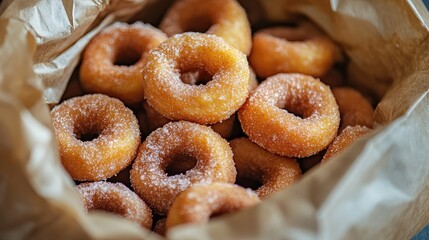 A bag of warm, cinnamon sugar-coated mini donuts, freshly made.