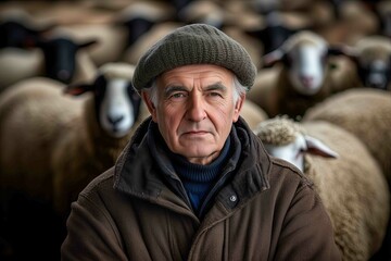 Obraz premium A farmer, surrounded by his herd of sheep on the farm,