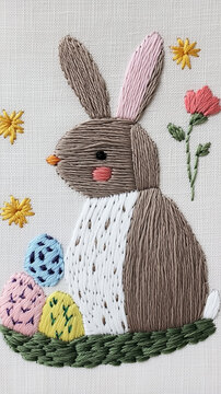 A simple and adorable beige bunny with pink ears, embroidered on light gray fabric, surrounded by Easter eggs and spring flowers