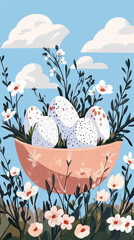A flat vector illustration of Easter eggs in a bowl, surrounded by wildflowers and clouds