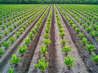 Aerial perspective captures the rhythmic arrangement of saplings in a field