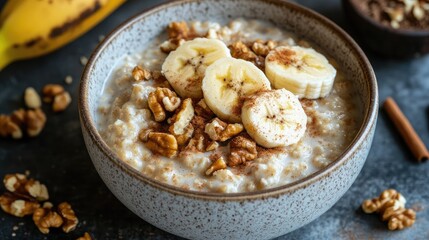 Fototapeta premium A bowl of creamy oatmeal topped with banana slices, cinnamon, and chopped walnuts.