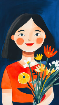 A stylish gouache-inspired vector illustration of a cute girl holding flowers, with a bold color palette and simple yet expressive details