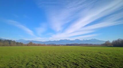 Obraz premium Vibrant green field under a blue sky with wispy clouds and distant mountains.
