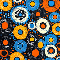 Vibrant abstract pattern with circles and dots in blue, orange, and white on a dark background.