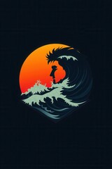 Stylized illustration of a man's profile merging with a wave, set against an orange sunset. Modern art.
