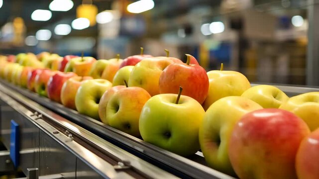 Streamlined production of Gala apples on a conveyor system in a factory setting.