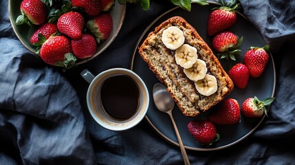 A breakfast spread with homemade banana bread, a cup of coffee, and fresh strawberries.
