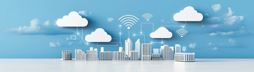 Fototapeta premium A digital cityscape with cloud symbols representing technology and connectivity, set against a blue sky backdrop.