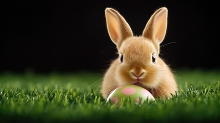 Fototapeta premium Cute bunny with easter egg in lush grass spring celebration wildlife photography outdoor setting close-up view