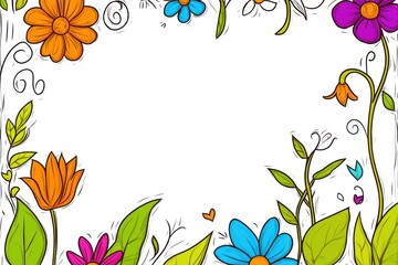 Floral frame design with flowers, leaves, and plant elements against a white, doodle-style background