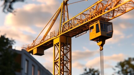 Close-up of a yellow construction crane with a sunset backdrop, highlighting industrial equipment in an urban setting. The soft lighting and warm hues evoke a modern construction scene.. AI Generation