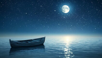 Serene Night Seascape Wooden Rowboat under Full Moon and Starry Sky