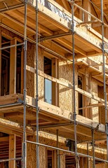 Obraz premium Wooden house construction site with scaffolding