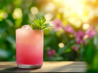 Refreshing Pink Cocktail with Mint Garnish on a Wooden Table in Garden Setting