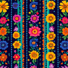 Vibrant floral pattern with colorful flowers on a dark background.