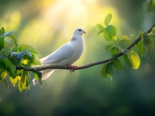 Obraz premium White Dove Perched on Green Branch with Soft Sunlight Creating a Dreamy Background