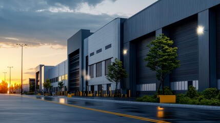 Aerial View of Industrial Warehouse at Sunset