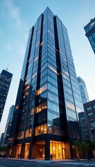 Impressive high-rise office building with reflective windows and abstract architectural elements, corporate, skyline