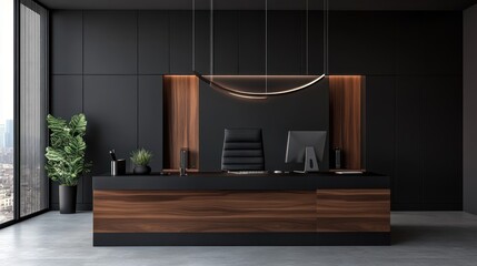 Modern Dark Office Desk, City View, Minimalist Design, Work Area