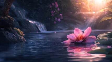 Fototapeta premium Serene Pink Lotus Blooming in Tranquil Water with Soft Light Creating a Dreamy Atmosphere in a Natural Setting