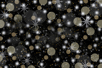 Christmas background of snowflakes and stars with black background