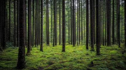 Obraz premium Lush Green Forest Landscape with Tall Trees and Mossy Ground