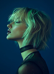 portrait of a girl, girl with blonde hair, girl with green hair look at right side