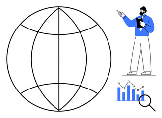 Man analyzing global trends, pointing to stats. Globe emphasizes worldwide reach. Ideal for business analysis, global strategy, market research, data interpretation, technology, innovation teamwork