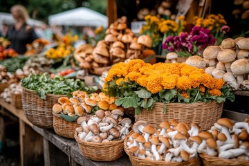 A beautifully arranged market stand featuring baskets of fresh mushrooms, from portobellos to chanterelles, ready for sale