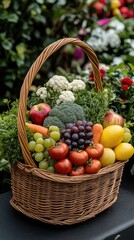 Fresh vegetables and fruits are arranged in a basket, complementing the colorful flowers and dense foliage of the thriving garden