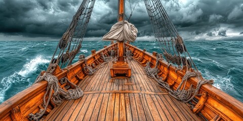 Dramatic close-up of a circular, textured wooden ship's deck; richly hued planks create an inviting nautical tableau